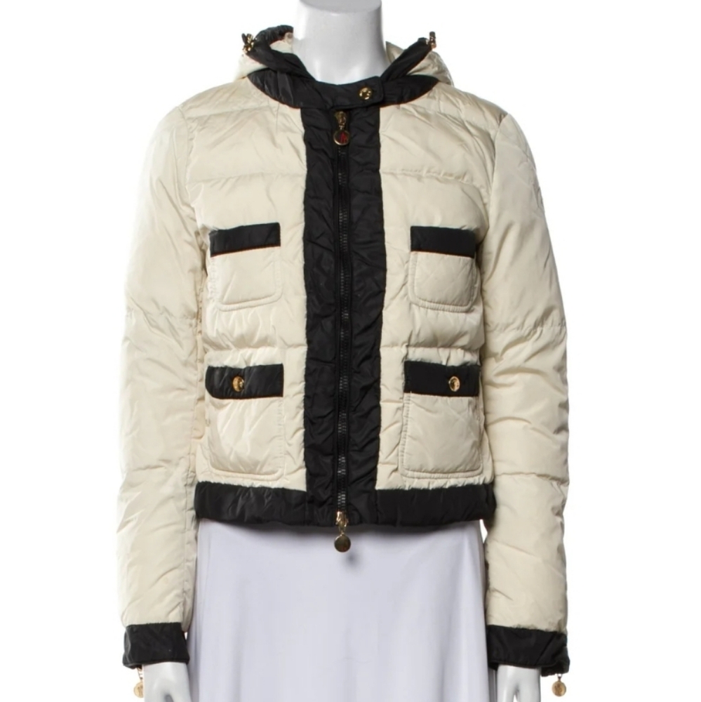 Moncler White/Black Down Puffer Cropped Jacket with Removable Hoodie - Picture 15 of 16